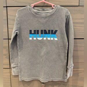 Three & Out Grey Long Sleeve Waffle Shirt with Hunk wording - Little Boys Size 5